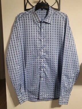 BUGATCHI Shirt Mens XL Blue Plaid Shaped Fit Smart Casual Button Up Business